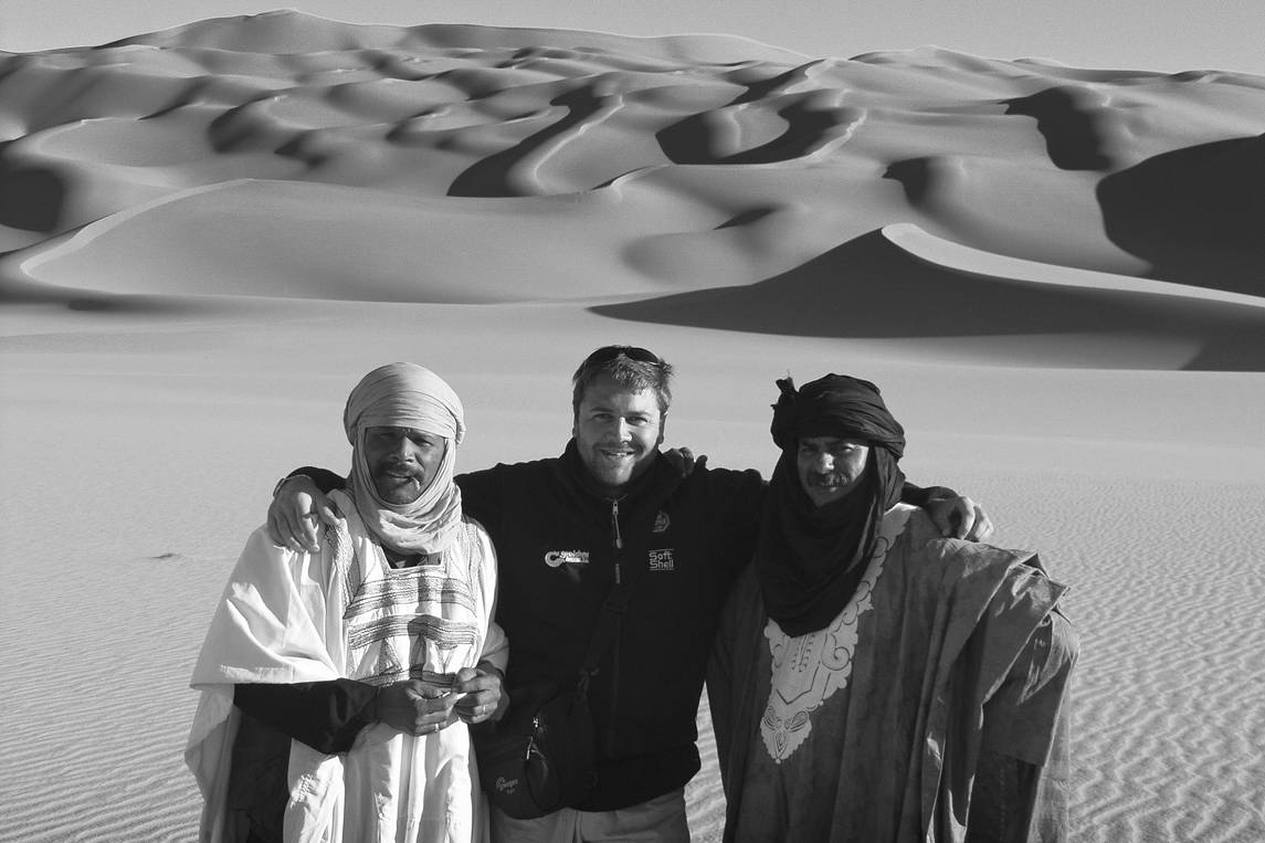 Yaya, Nik Barte and Warzagan in the Erg Wan Kasa, Libya 2003 with Tuareg Guides